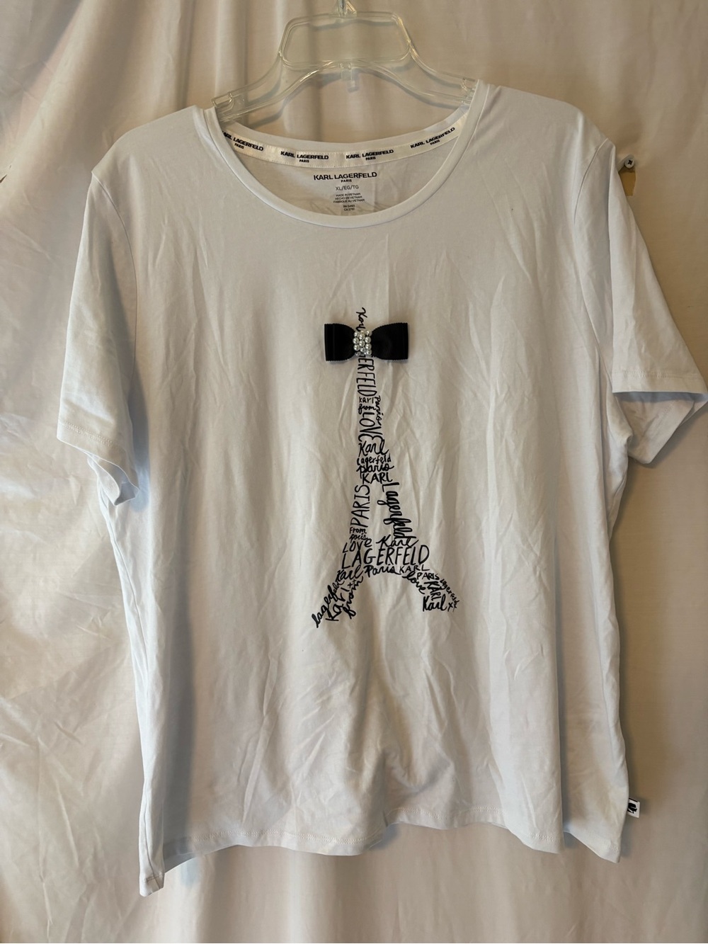 Karl Lagerfeld White Tee with Black Eiffel Script and Bow